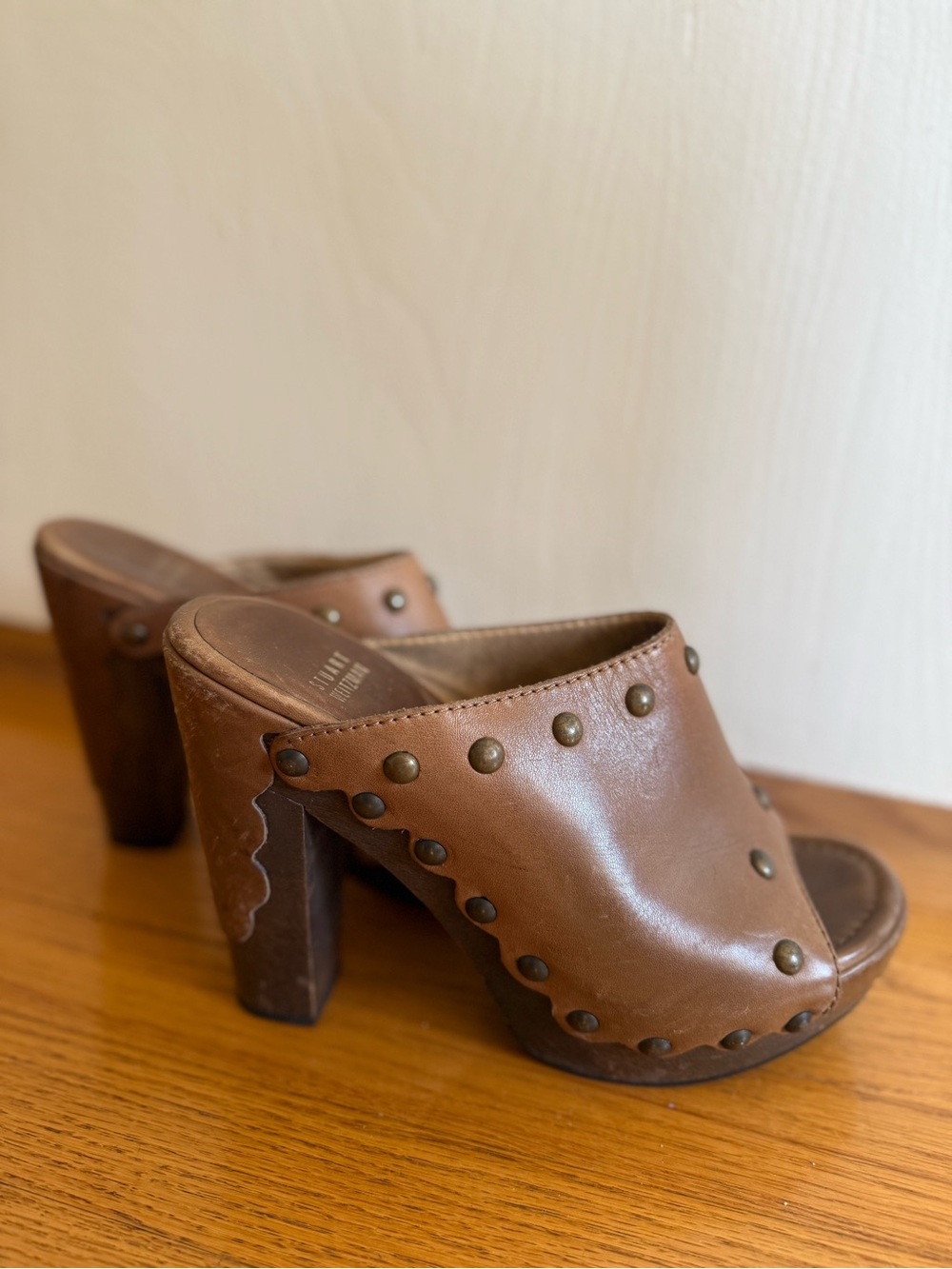 Vintage Stuart Weitzman Brown Studded Leather Clog Heels - Women